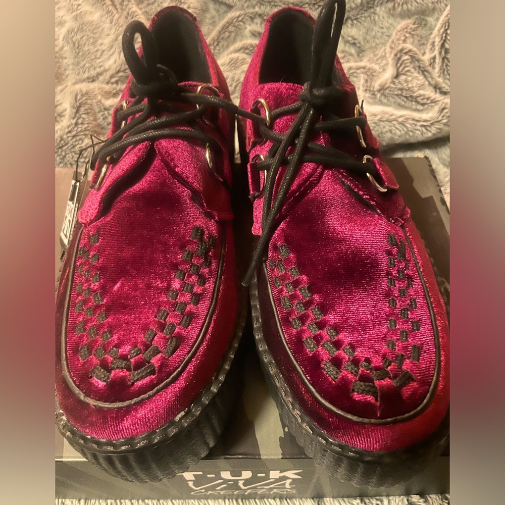 T.U.K VIVA Creepers, deep wine/burgundy velvet 8Mens 10Ladies